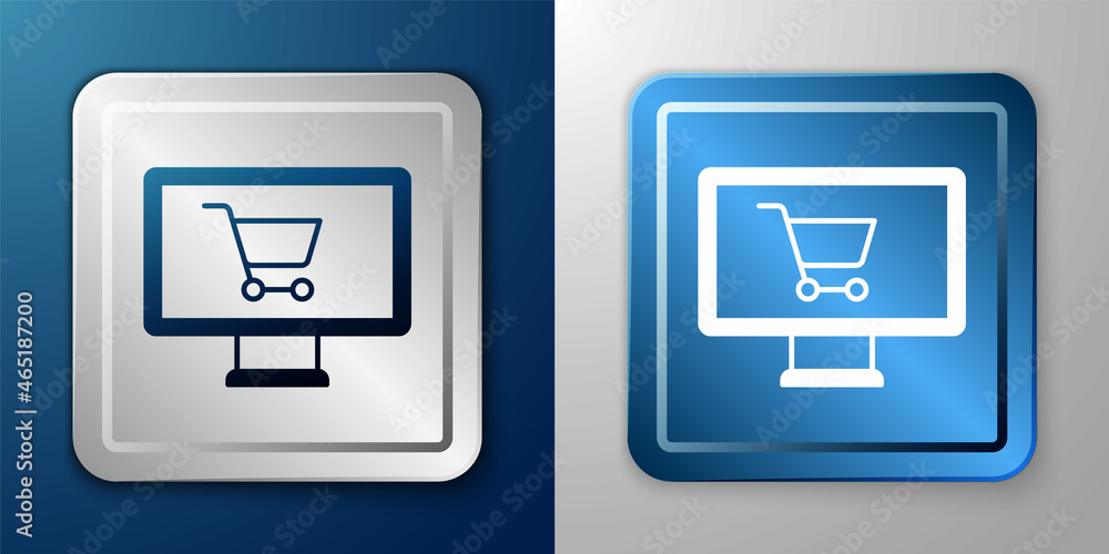 White Shopping cart on monitor icon isolated on blue and grey background. Concept e-commerce, e-business, online business marketing. Silver and blue square button. Vector