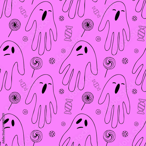 Vector seamless pattern with ghosts and sweets. Trick or treat Halloween on a purple background.