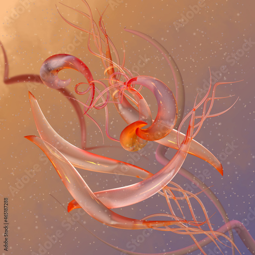 Medical background, bacteria spirilla with flagella, spirally twisted and arcuate curved rods, class of beta proteobacteria, aerobes or microaerophiles, 3D rendering photo