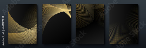 Elegant luxury black and gold cover design backgroung with abstract lines. Modern black stripe cover design set. Luxury creative gold dynamic diagonal line pattern. Formal premium vector for business