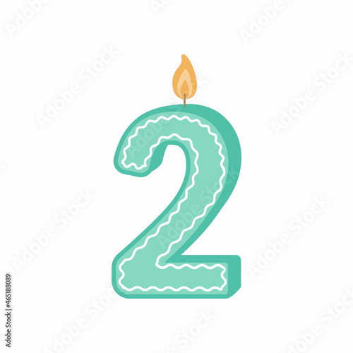 Illustration of a birthday candle number. The number two candle. A green candle for the second birthday. Vector illustration on a white background isolated in a flat cartoon style