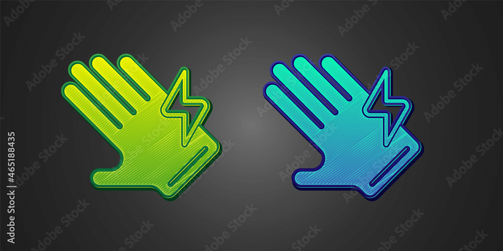Fototapeta premium Green and blue Electric glove icon isolated on black background. Safety gloves, hand protection. Vector