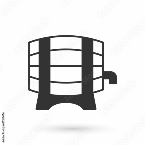 Grey Wooden barrel on rack with stopcock icon isolated on white background. Vector