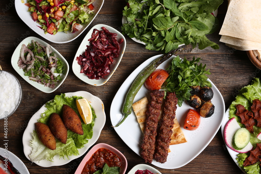 adana kebab and salad varieties