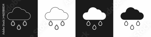 Set Cloud with rain icon isolated on black and white background. Rain cloud precipitation with rain drops. Vector