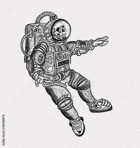 Traje de astronauta  con calavera en su interior y sobre fondo blanco. Astronaut suit with skull inside on white background photo
