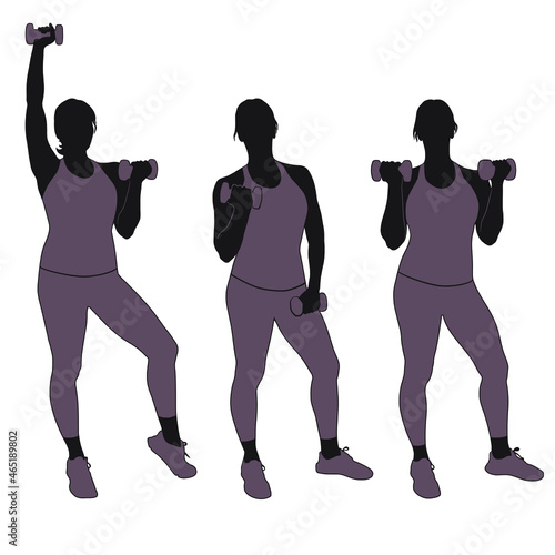 Vector silhouette of girl in sportive costume working out with dumbbells. Woman doing fitness exercises with weights for muscles of arms. 