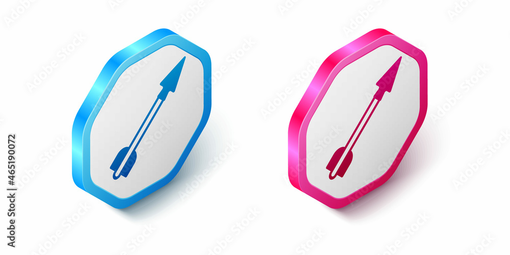 Isometric Medieval arrow icon isolated on white background. Medieval weapon. Hexagon button. Vector Isometric Medieval arrow icon isolated on white background. Medieval weapon. Hexagon button. Vector
