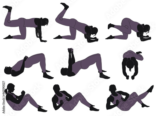 Silhouettes of woman in sportive costume  doing fitness exercises with dumbbells. Vector icons of slim sportive girl in different sport positions isolated on white background.