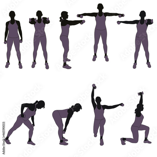 Vector silhouette of woman in costume working out with dumbbells. Sportive girl doing fitness exercises with weights for muscles of arms and legs. Fintess icons.