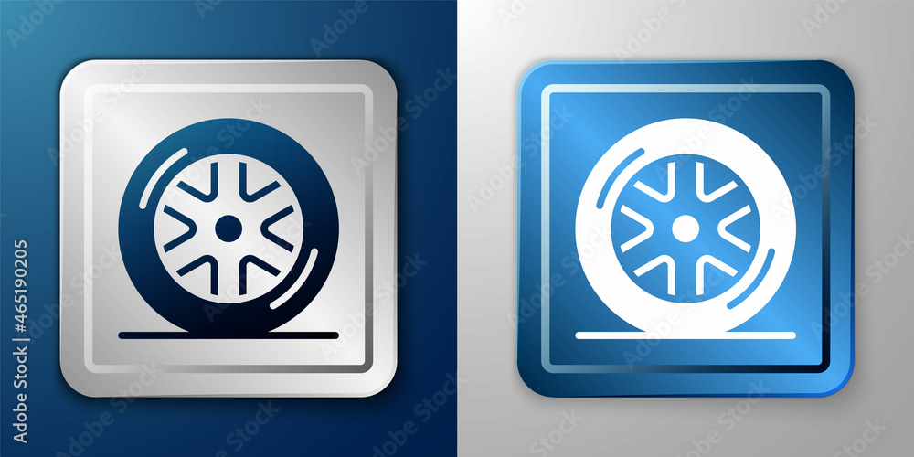 Fototapeta premium White Car wheel icon isolated on blue and grey background. Silver and blue square button. Vector
