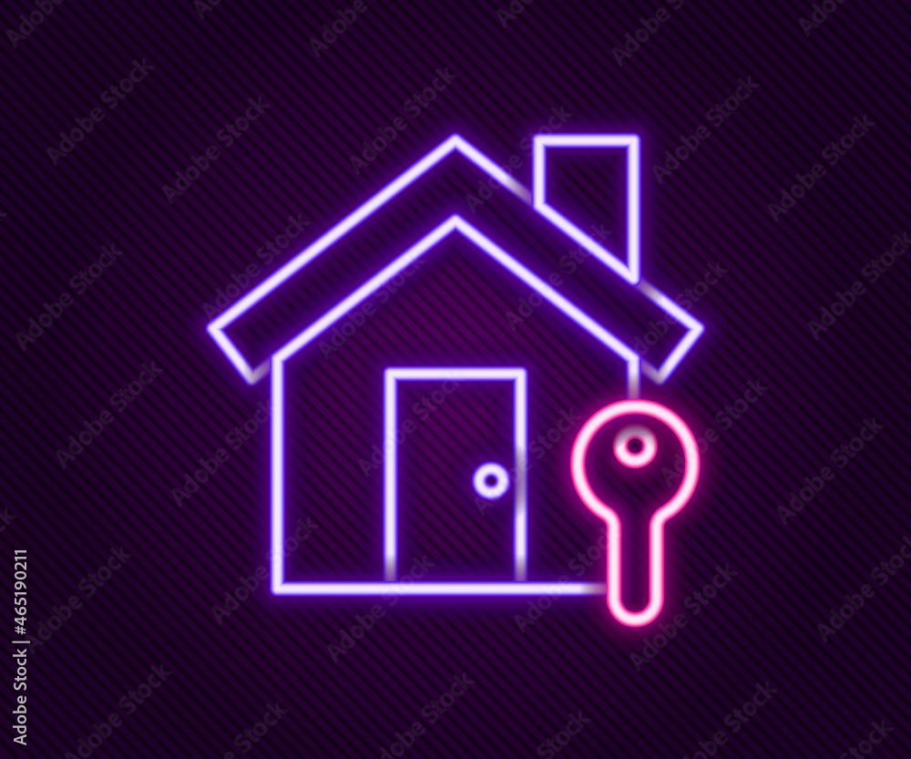 Glowing neon line House with key icon isolated on black background. The concept of the house turnkey. Colorful outline concept. Vector