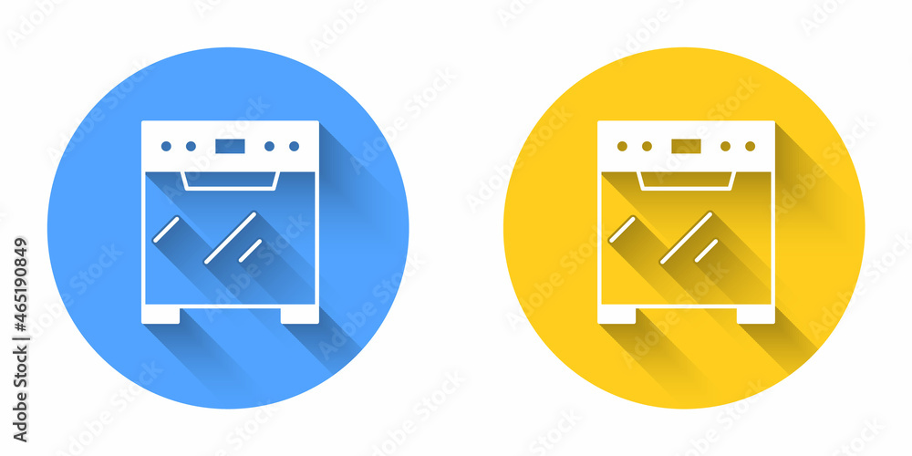 White Oven icon isolated with long shadow background. Stove gas oven sign. Circle button. Vector White Oven icon isolated with long shadow background. Stove gas oven sign. Circle button. Vector