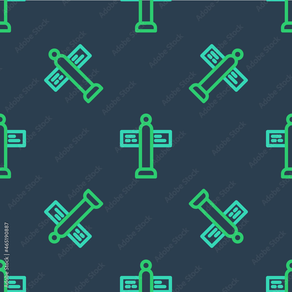 Line Road traffic sign. Signpost icon isolated seamless pattern on blue background. Pointer symbol. Street information sign. Direction sign. Vector Line Road traffic sign. Signpost icon isolated seamless pattern on blue background. Pointer symbol. Street information sign. Direction sign. Vector