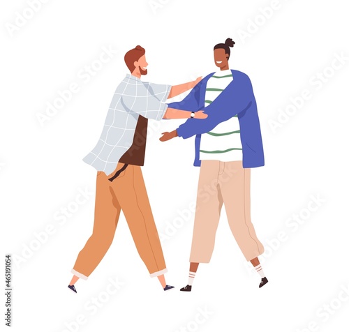 Happy people meeting and greeting each other with hugs. Men welcoming with smile and joy. Guys friends reunion. Interracial friendship concept. Flat vector illustration isolated on white background