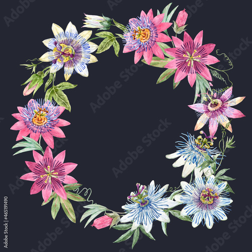 Beautiful floral frame with hand drawn watercolor passionflowers. Stock 2022 illustration.