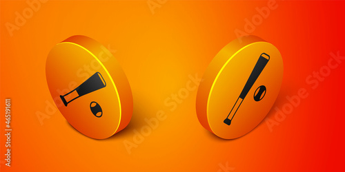 Isometric Baseball bat with ball icon isolated on orange background. Orange circle button. Vector