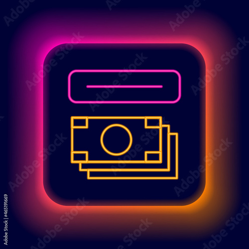 Glowing neon line ATM - Automated teller machine and money icon isolated on black background. Colorful outline concept. Vector