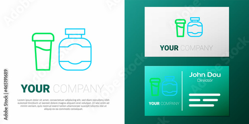 Line Sports nutrition bodybuilding proteine power drink and food icon isolated on white background. Colorful outline concept. Vector