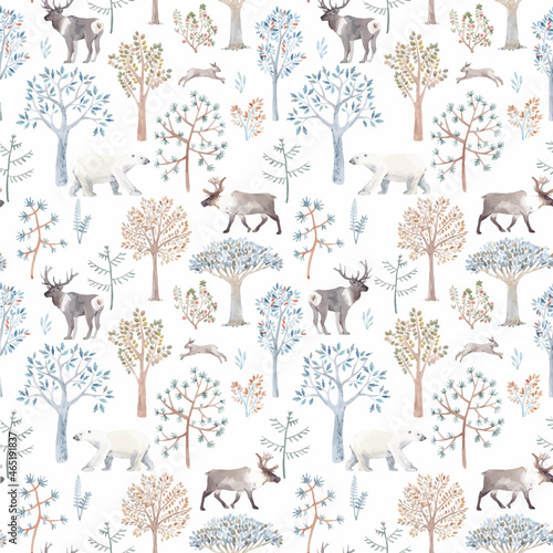 Beautiful vector winter seamless pattern with hand drawn watercolor cute trees and forest bear fox deer animals. Stock illustration.