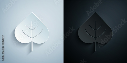 Paper cut Leaf icon isolated on grey and black background. Leaves sign. Fresh natural product symbol. Paper art style. Vector