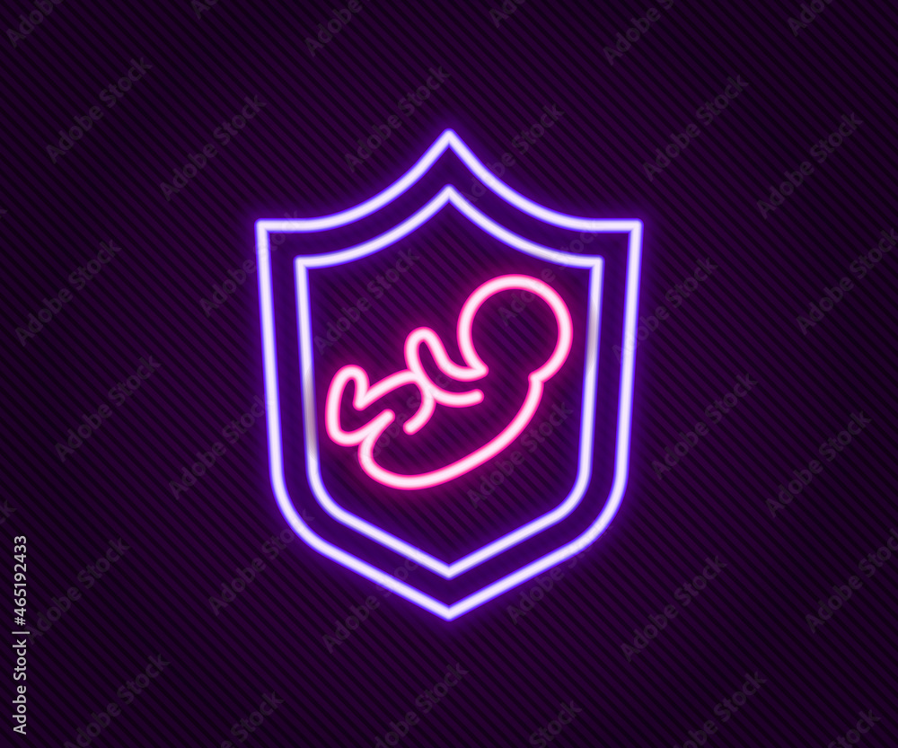 Glowing neon line Baby on shield icon isolated on black background. Child safety sign. Colorful outline concept. Vector Glowing neon line Baby on shield icon isolated on black background. Child safety sign. Colorful outline concept. Vector