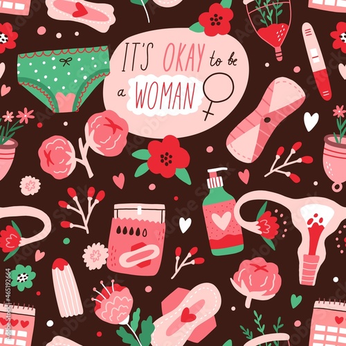 Seamless menstruation pattern with menstrual period blood, uterus, cups and sanitary pads for woman hygiene. Repeating background with vaginal tampons and panties. Colored flat vector illustration