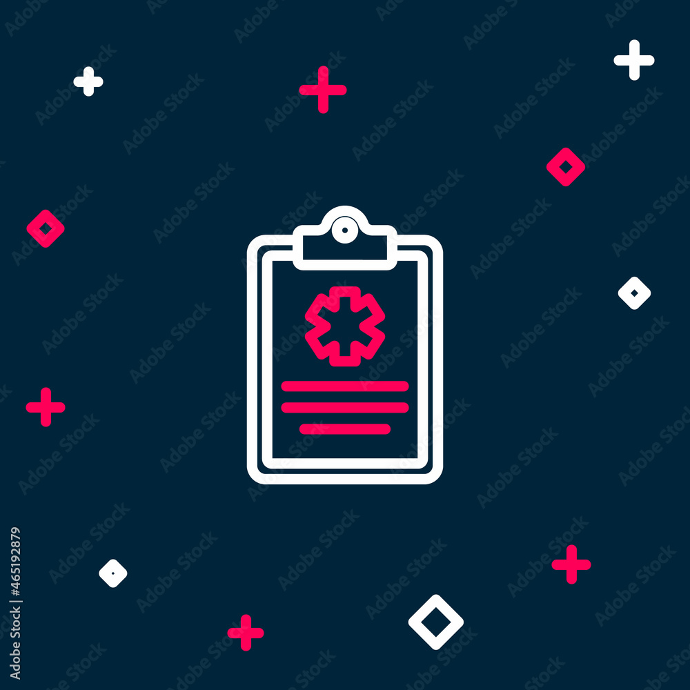 Line Medical clipboard with clinical record icon isolated on blue background. Health insurance form. Prescription, medical check marks report. Colorful outline concept. Vector Line Medical clipboard with clinical record icon isolated on blue background. Health insurance form. Prescription, medical check marks report. Colorful outline concept. Vector