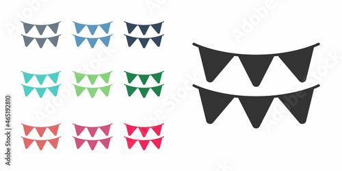 Black Carnival garland with flags icon isolated on white background. Party pennants for birthday celebration, festival decoration. Set icons colorful. Vector