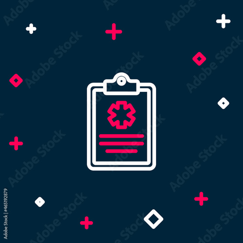 Line Medical clipboard with clinical record icon isolated on blue background. Health insurance form. Prescription, medical check marks report. Colorful outline concept. Vector