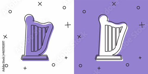 Set Harp icon isolated on white and purple background. Classical music instrument, orhestra string acoustic element. Vector