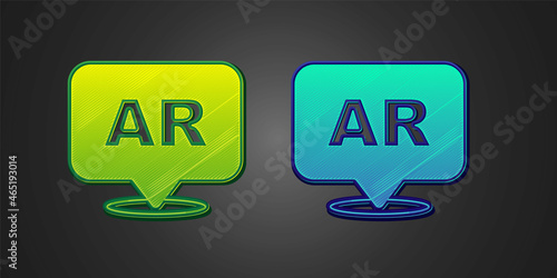 Green and blue Augmented reality AR icon isolated on black background. Virtual futuristic wearable devices. Vector