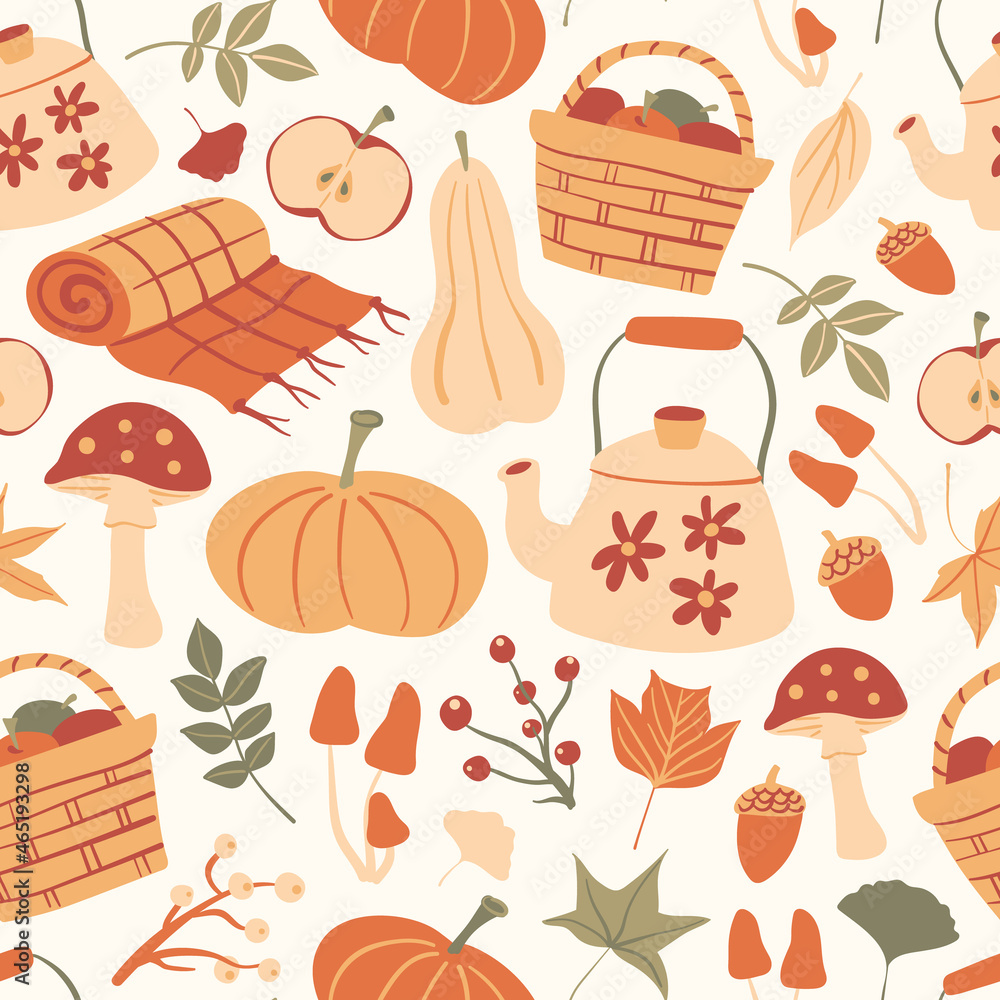 Cute fall cartoon illustration print. Cozy autumn picnic with food and  autumnal leaves. Seasonal hygge wallpaper design. Seamless pattern vector  with isolated graphic elements. Light background. Stock Vector | Adobe Stock