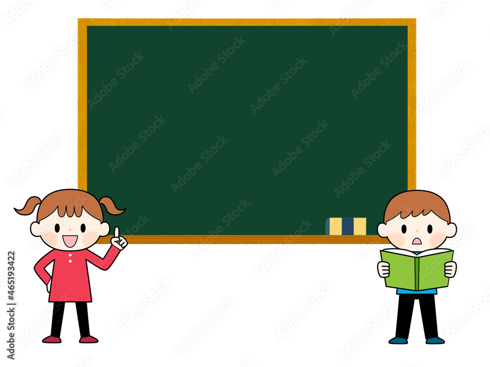 黒板の前で本を読む男の子と指差しをする女の子 黒板の前で本を読む男の子と指差しをする女の子