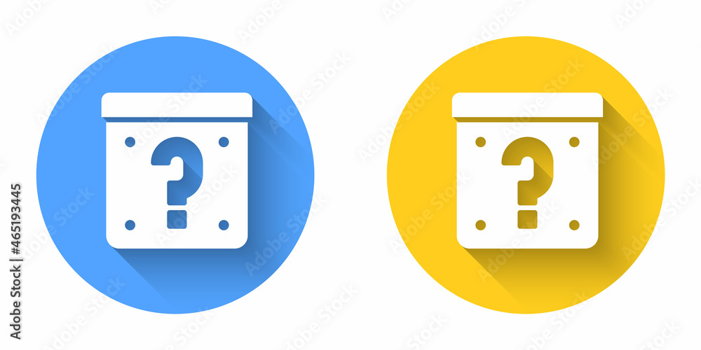 White Mystery box or random loot box for games icon isolated with long shadow background. Question mark. Unknown surprise box. Circle button. Vector White Mystery box or random loot box for games icon isolated with long shadow background. Question mark. Unknown surprise box. Circle button. Vector