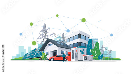 Smart renewable energy heat power network system. Off-grid building city battery storage sustainable electrification. Electric car charging with solar panels, wind, high voltage power grid and city.