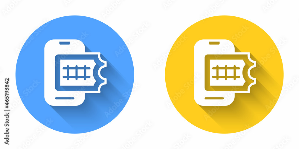 White Online ticket booking and buying app interface icon isolated with long shadow background. E-tickets ordering. Electronic train ticket on screen. Circle button. Vector White Online ticket booking and buying app interface icon isolated with long shadow background. E-tickets ordering. Electronic train ticket on screen. Circle button. Vector