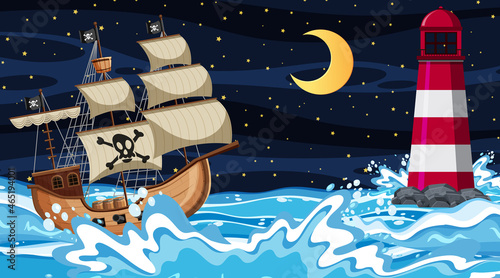 Ocean scene at night with Pirate ship in cartoon style