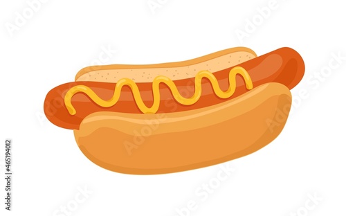 Hot dog, American snack with sausage and mustard sauce between long buns. Yummy hotdog. Unhealthy fast food with frankfurter. Fastfood sandwich. Flat vector illustration isolated on white background