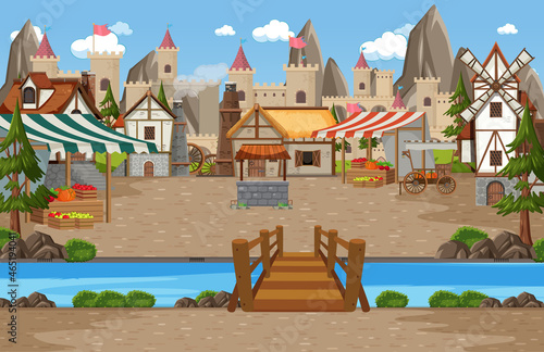 Medieval town scene with market place