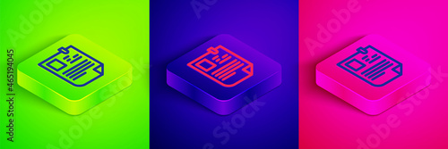 Isometric line Resume icon isolated on green, blue and pink background. CV application. Searching professional staff. Analyzing personnel resume. Square button. Vector