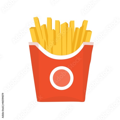 French fries packed in box. Fried potato sticks in paper package. American chips. Fries, unhealthy fast food. Takeaway crispy snack. Flat cartoon vector illustration isolated on white background