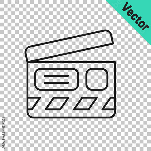 Black line Movie clapper icon isolated on transparent background. Film clapper board. Clapperboard sign. Cinema production or media industry. Vector