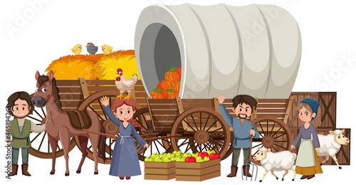 Medieval peasants with haystack in a cart