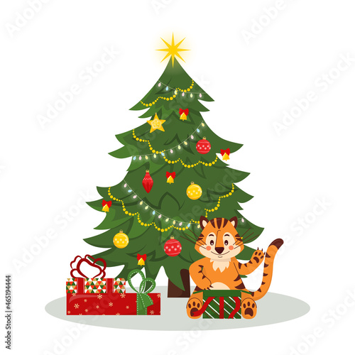 Decorated Christmas tree with a tiger cub opening gift boxes, lights, ornaments, balls and garlands. Merry Christmas and Happy New Year. Flat style vector illustration. © Катерина Фирсова