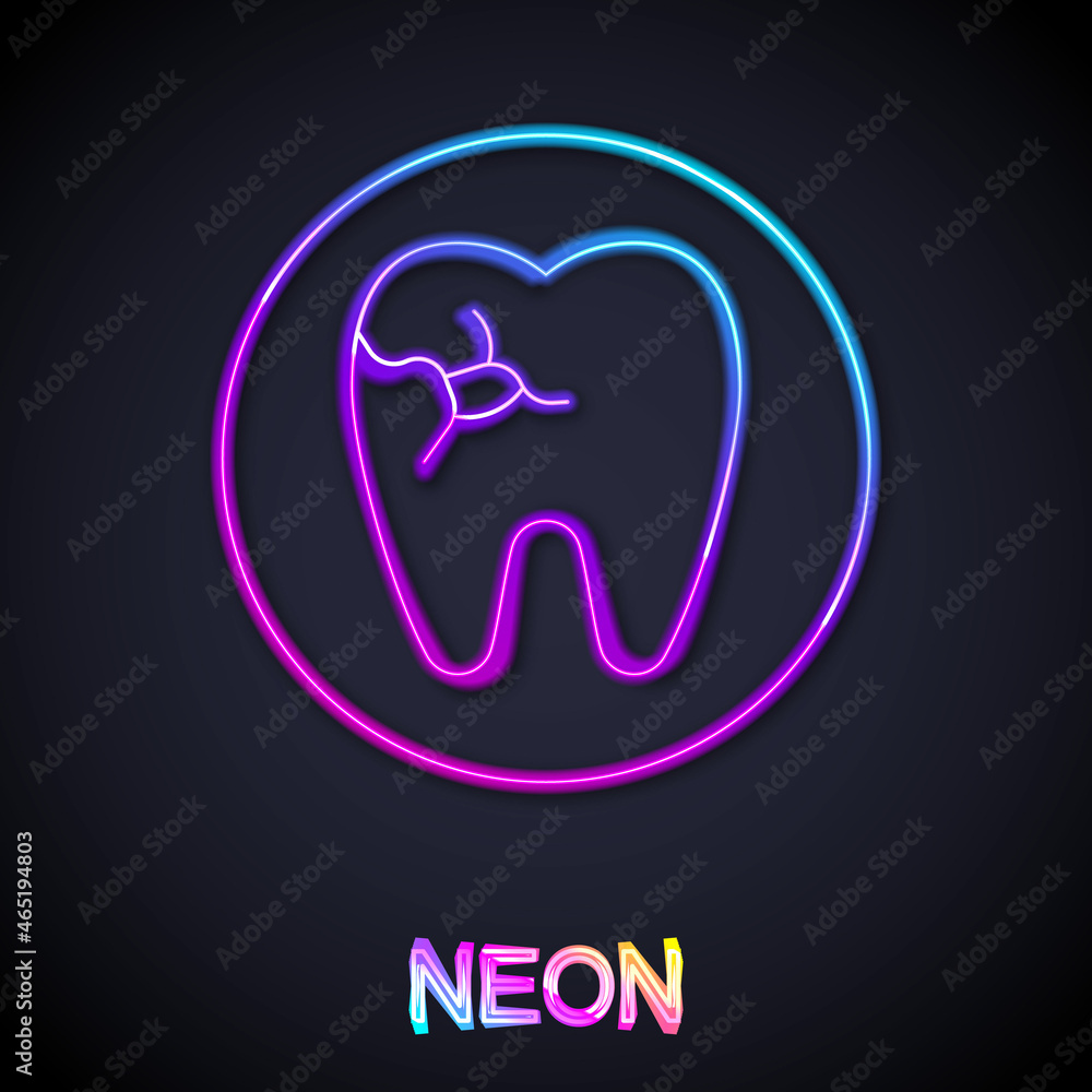 Glowing neon line Tooth with caries icon isolated on black background. Tooth decay. Vector Glowing neon line Tooth with caries icon isolated on black background. Tooth decay. Vector
