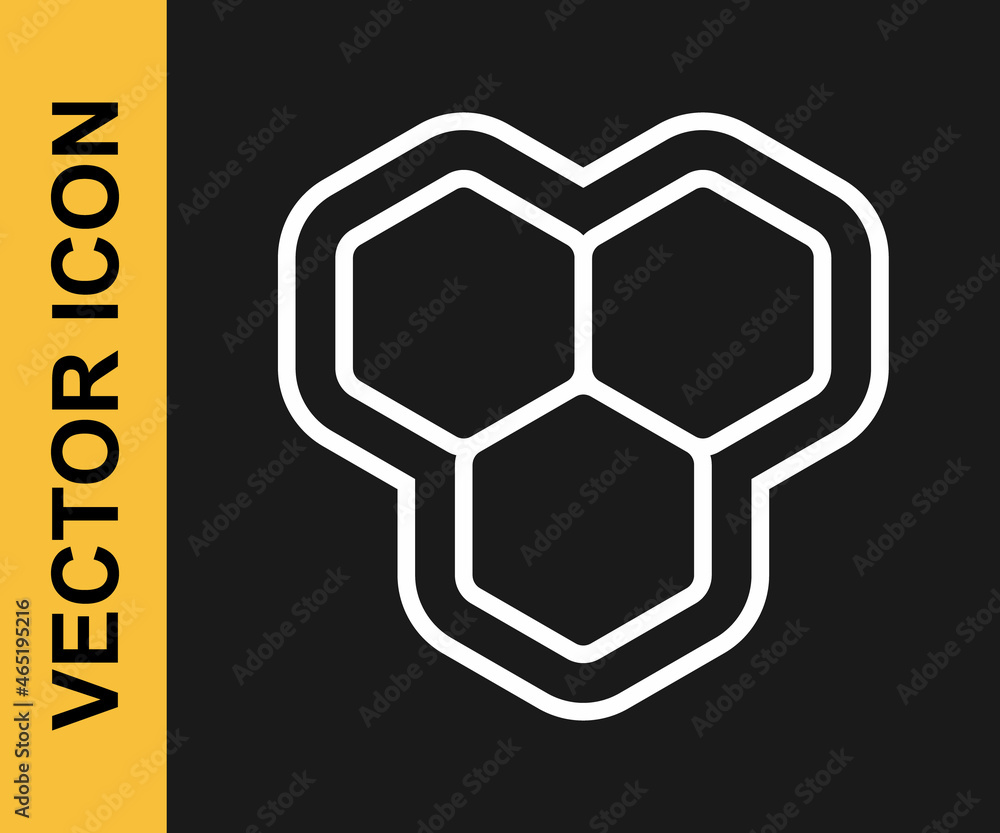 White line Honeycomb icon isolated on black background. Honey cells symbol. Sweet natural food. Vector White line Honeycomb icon isolated on black background. Honey cells symbol. Sweet natural food. Vector