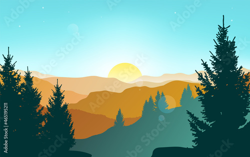Mountain landscape. Forest. Sunset in the mountains. Morning sky.Travel concept. Adventure. Minimalist graphic flyers. Polygonal flat design for coupon  voucher  gift card. Poster illustration