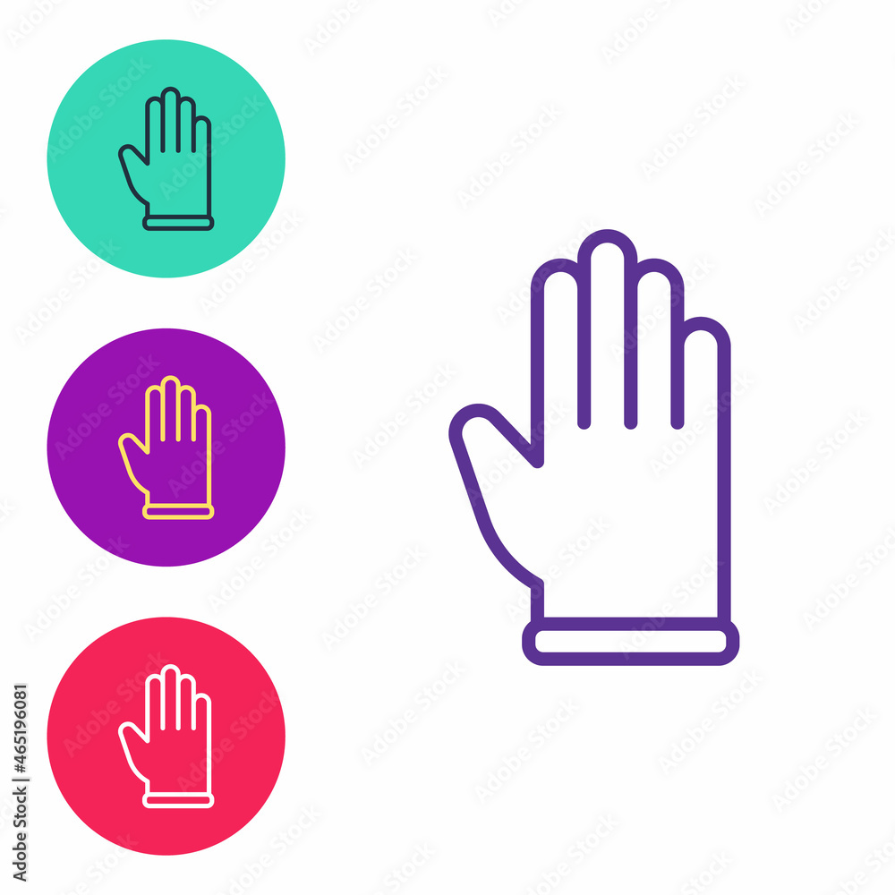 Set line Rubber gloves icon isolated on white background. Latex hand protection sign. Housework cleaning equipment symbol. Set icons colorful. Vector Set line Rubber gloves icon isolated on white background. Latex hand protection sign. Housework cleaning equipment symbol. Set icons colorful. Vector
