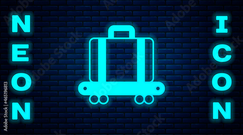 Glowing neon Airport conveyor belt with passenger luggage, suitcase, bag, baggage icon isolated on brick wall background. Vector